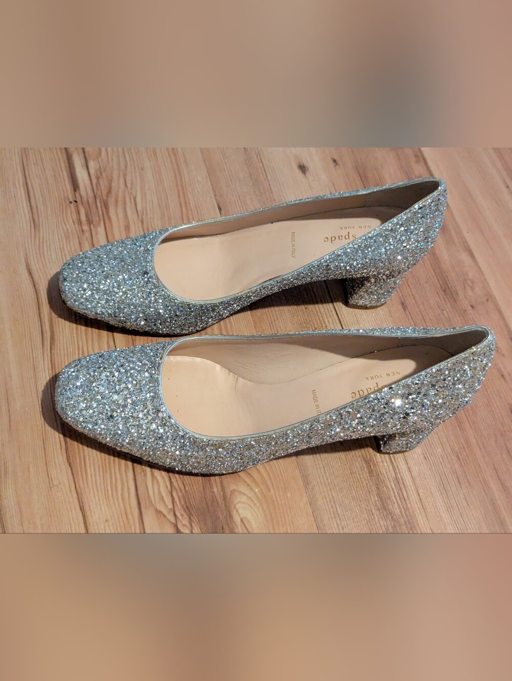 Kate Spade Womens Pumps Size 7 1/2 M Silver Gold Glitter Block Heel